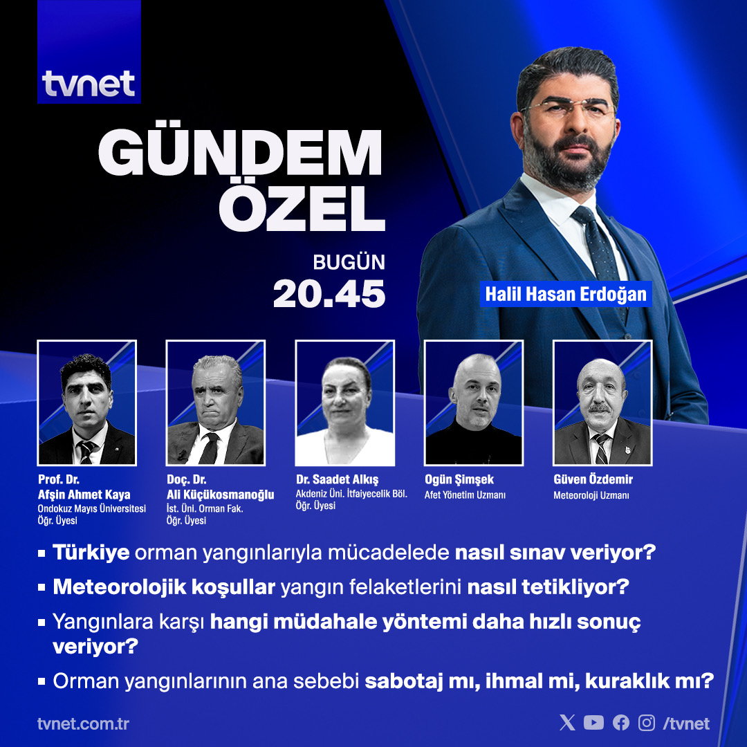 ▪️Türkiye orman yangınları ile mücadelede nasıl sınav veriyor?  

▪️Orman yangınlarının ana sebebi sabotaj mı, ihmal mi, kuraklık mı? 

👉<a href="/hhasanerdogan/">Halil Hasan Erdoğan</a> soruyor; 
Prof. Dr. Afşin Ahmet Kaya, Doç. Dr. Ali Küçükosmanoğlu, Dr. Saadet Alkış, <a href="/simsekogun/">Ogün Şimşek</a>
ve <a href="/guvenozdemir00/">Güven ÖZDEMİR</a> yanıtlıyor.