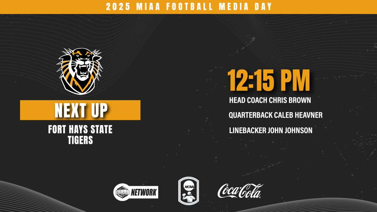 TheMIAA's tweet image. 𝐍𝐄𝐗𝐓 𝐔𝐏: The Tigers from Hays, Kansas, take the press conference stage at 12:15. 

Head Coach Chris Brown and student-athletes Caleb Heavner and John Johnson are here to represent @FHSUFootball in the 2025 season. 

Watch the action live on TheMIAANetwork.com/MIAA!