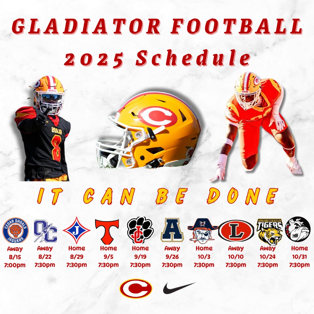 🏈 Gladiator Football Schedule 2025

🔥 Preseason Scrimmage: 8/7 @ Brookwood | 7PM

🎯 Season Opener: 8/15 @ Cedar Shoals | 7:00PM