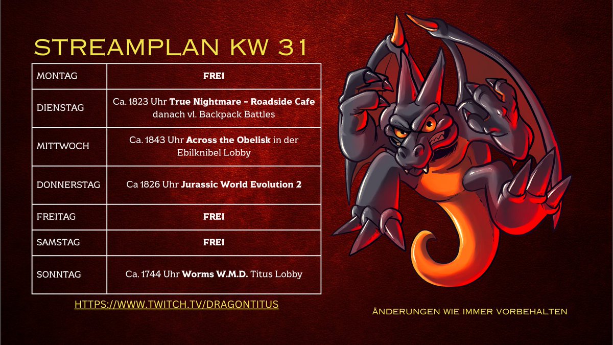 Kunterbunt statt nur dabei,
diese Woche wird der Streamplan KW31 wie eine bunte Tüte mit vielen unterschiedlichen Leckereien.
Schaut gerne vorbei, lurken ist natürlich auch immer gern gesehen.
Wir sehen uns

🐉Stream &amp; News auch im DC:  
twitch.tv/dragontitus 

#twitch