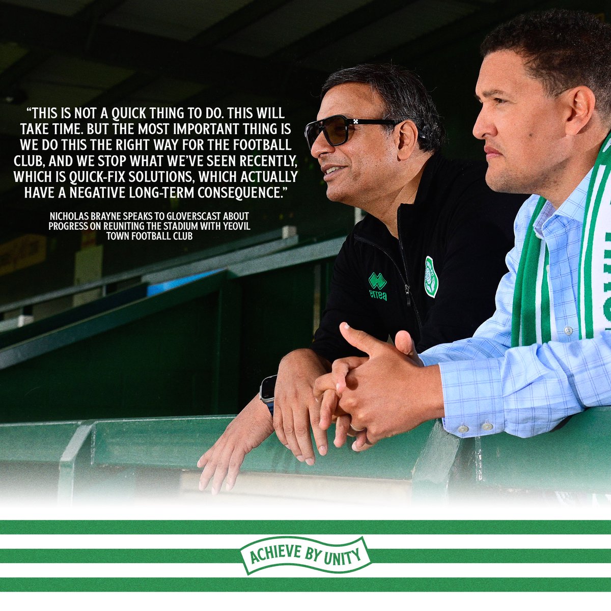 YTFC's tweet image. Reuniting the stadium with Yeovil Town - the right way! 🏟️ 

Listen to Nicholas Brayne’s full interview with Gloverscast, which can be found on our website.

#YTFC 💚