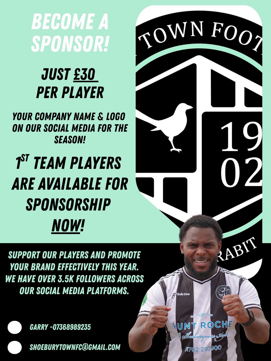ShoeburyTownFC's tweet image. Sponsor a Player for Just £30!

📣 Seen by 3,500+ followers across our social media channels.
✅ Your logo or name promoted all season
✅ Exposure to a growing local audience
✅ Show your support for community football
📩 Message us today to sponsor a player!