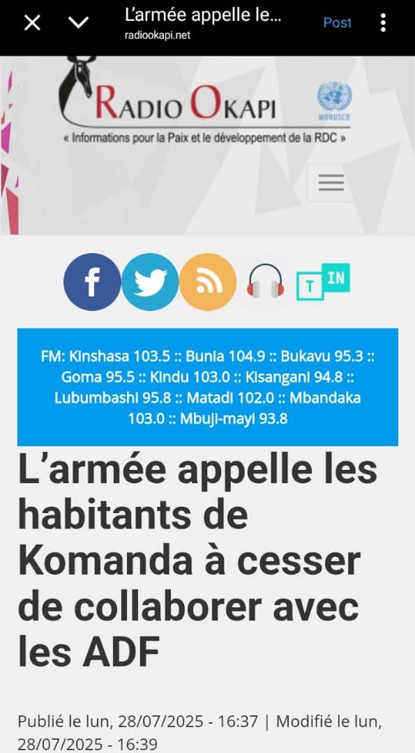 #ITURI_BENI_RDC:

Après le massacre de plus de 40 civils à Komanda, dans la province de l’Ituri, attribué aux rebelles ADF, le général Mandevu, Commandant des FARDC, a publiquement mis en cause les populations locales. Selon lui, des complicités au sein des communautés permet aux