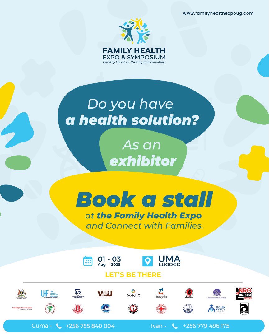 Are you in:
· Health &amp; medical services?
· Nutrition or wellness products?
· Pharmaceuticals or diagnostics?
· Family services or community development?

Book a Stall Now
Call/ WhatsApp: +256 755 840004 Register: familyhealthexpoug.com/#register
#FamilyHealthExpo #PreventionStartsWithMe