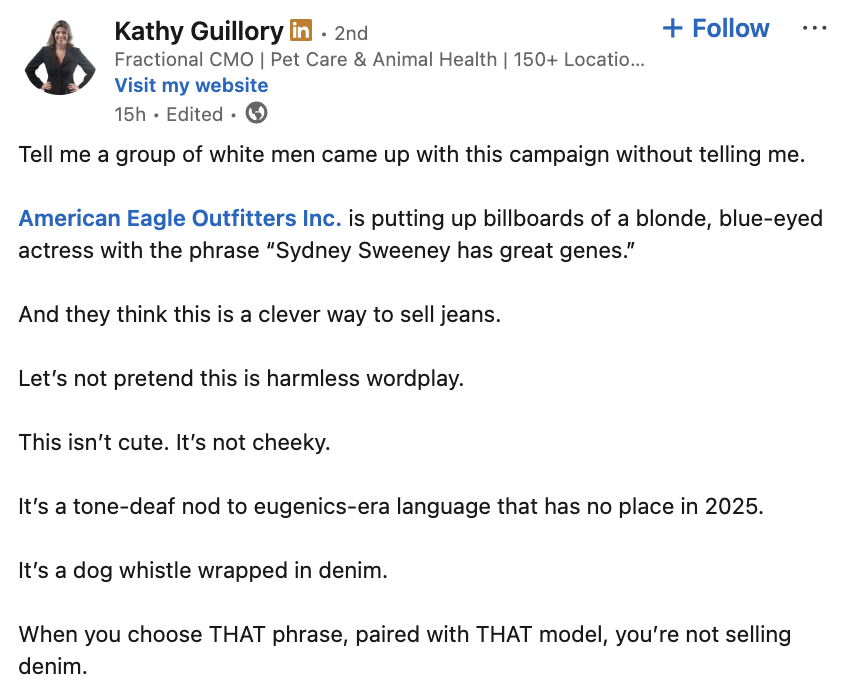 AdamSinger's tweet photo. People on LinkedIn are absolutely melting down that Sydney Sweeney was in a jeans ad https://t.co/2nZHKTiokE