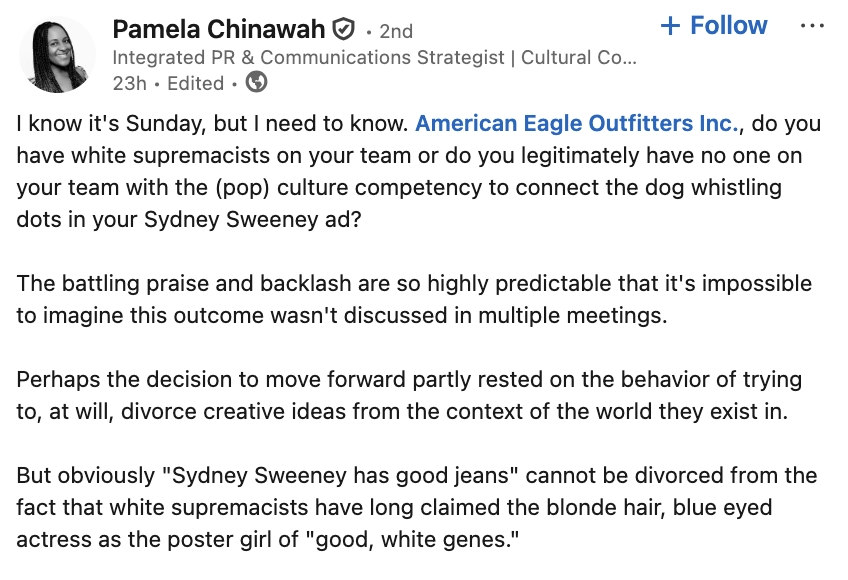 AdamSinger's tweet photo. People on LinkedIn are absolutely melting down that Sydney Sweeney was in a jeans ad https://t.co/2nZHKTiokE
