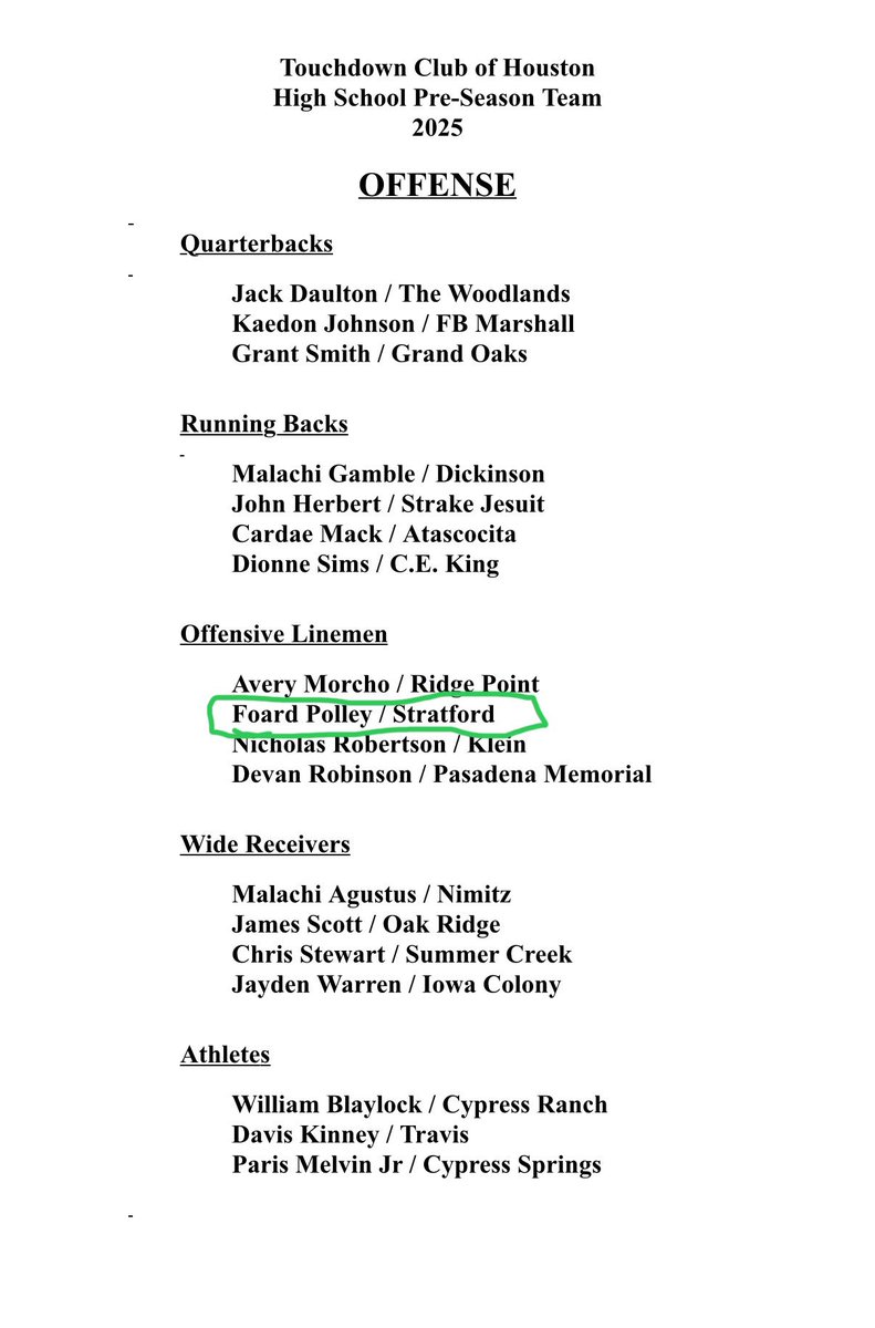 FoardP_95's tweet photo. Grateful to be 1 of 4 2026 OL to be named to the @HoustonTDClub preseason team!! @StratfordFB1 @IronWillSC @bmecamps @IsaiahHookfin https://t.co/uztF4DN1io