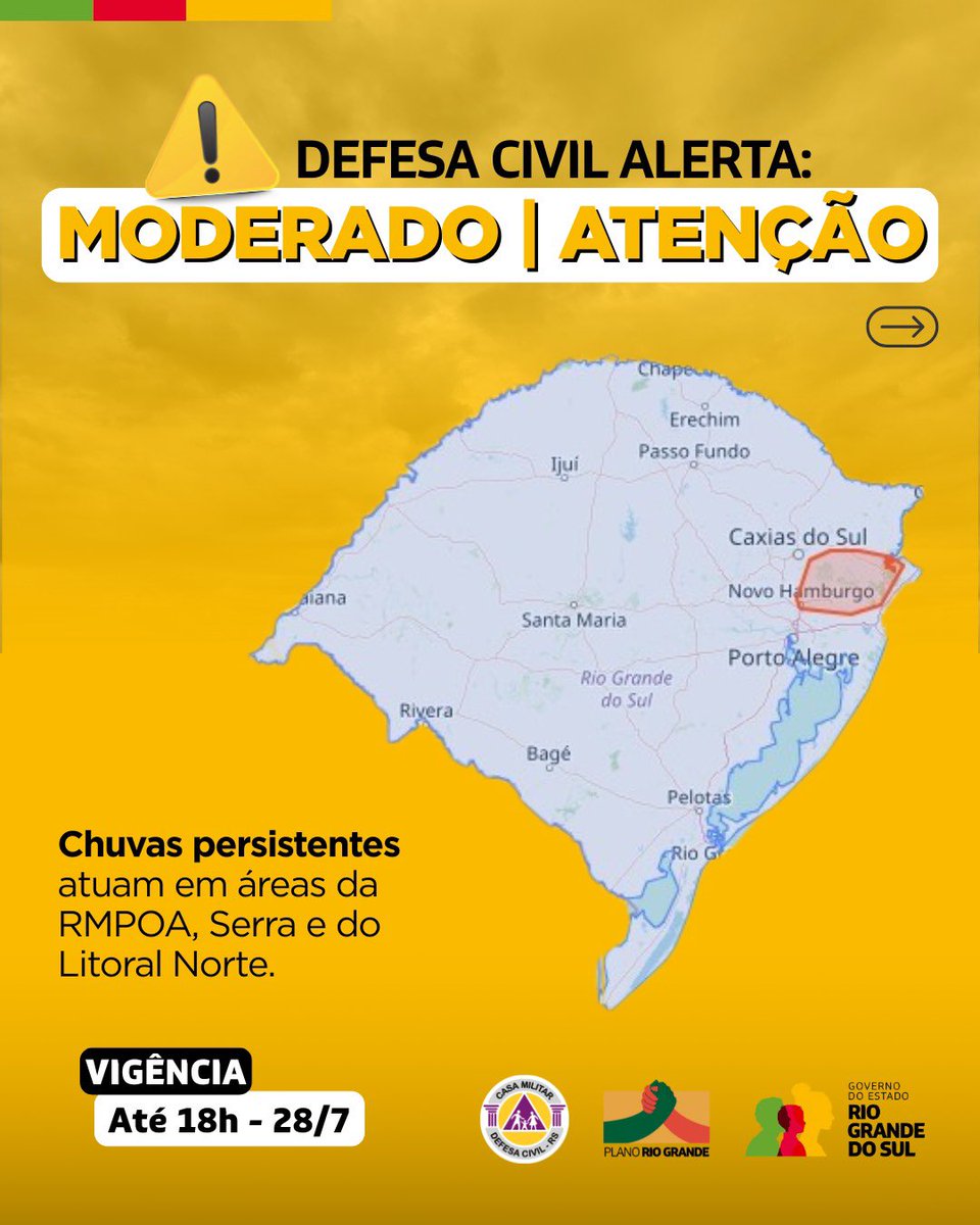 DefesaCivilRS's tweet image. Defesa Civil alerta para condição ATENÇÃO com chuvas persistentes atuando em áreas da RMPOA, Serra e do Litoral Norte.  Risco MODERADO de alagamentos pontuais. Válido até 18h do dia 28 de julho. Evite áreas de risco. Emergência ligue 190/193.