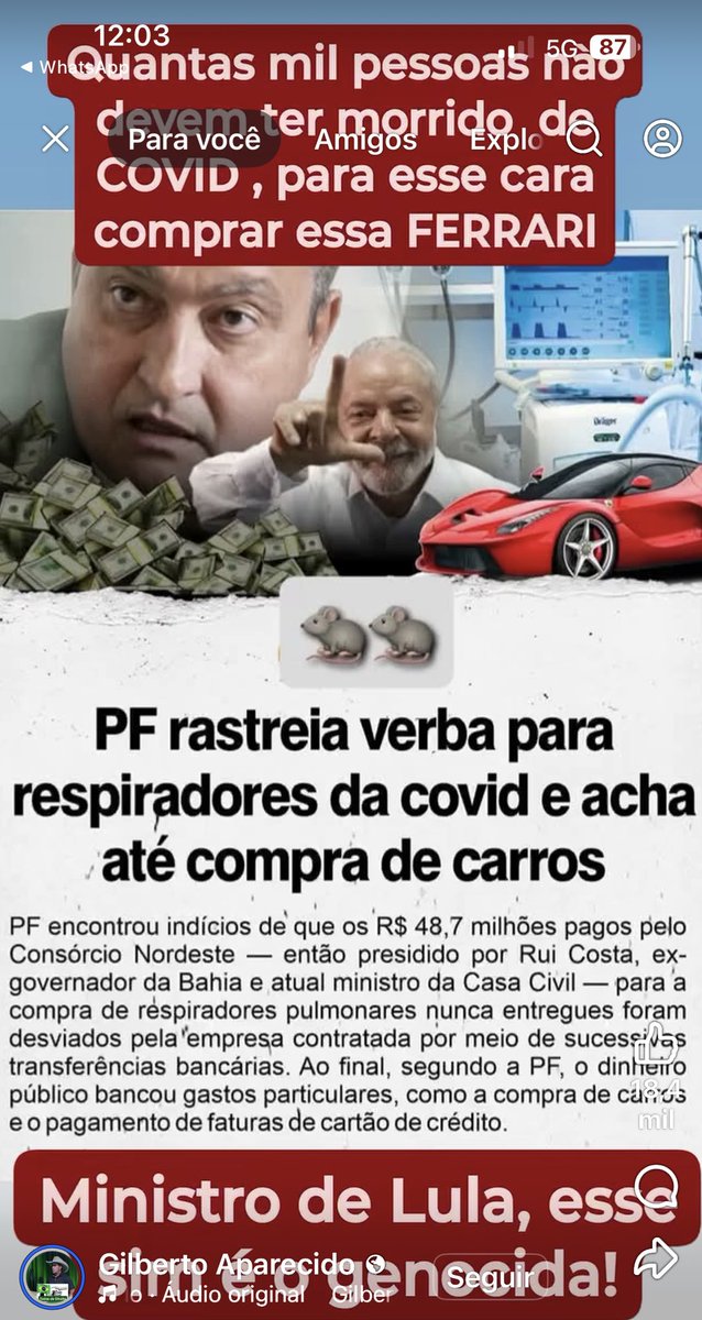 Rui Costa ministro do Lula até FERRARI  comprou com dinheiro de Respiradores que “ comprou” mas ninguém recebeu na Covid, quando era Governador da Baía!
Ora ora o Lula não poderia deixar de Trazer um cUmpanheiro seu corrupto naturalmente!