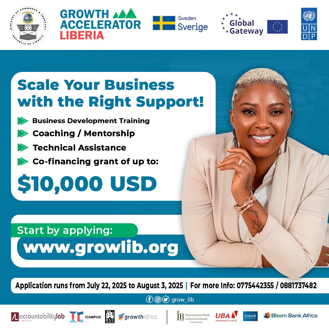 _iam_tab's tweet image. 🚨 CALL FOR APPLICATIONS
Are you a female entrepreneur in Liberia? Join Cohort V of the Growth Accelerator Liberia!

Access:
- $10K co-financing
- Mentorship &amp;amp; support
- Business training

Open to female-led businesses in all sectors.

Apply by now : growlib.org