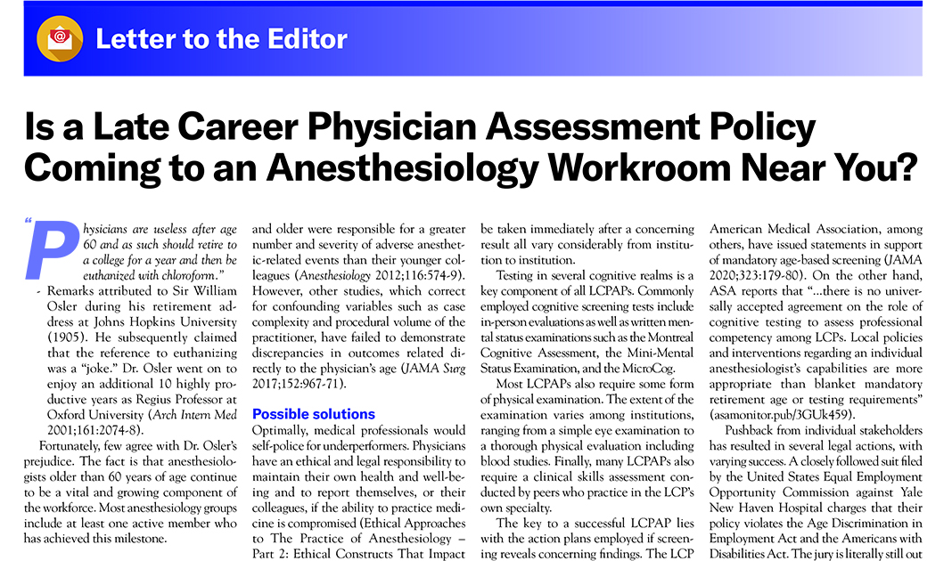 ASAMonitor's tweet image. Don’t miss reading “Is a Late Career Physician Assessment Policy Coming to an Anesthesiology Workroom Near You?” Learn about:
🔸The good news and bad news of the aging workforce
🔸The key to successful late career physicians (LCP)
🔸LCP assessment policies
ow.ly/FWKt50WjPIX