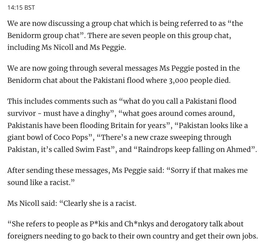 On the left is a tweet excerpt about Sandie Peggie from JK Rowling. On the right is a report and partial transcript about Sandie Peggie from today’s tribunal.