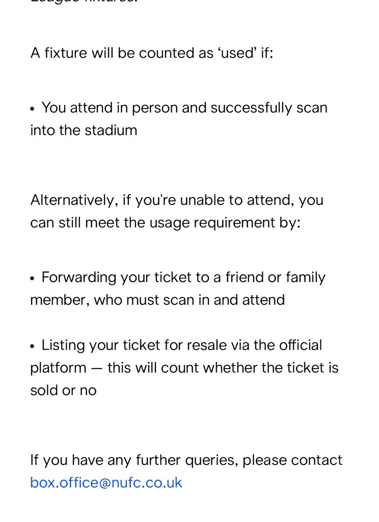 Newcastle United Supporters Trust (@nufctrust) on Twitter photo STHs have received an email today enabling download of their ticket for the upcoming season 🎟️ 
The email also includes clarification of the new minimum seat usage policy. See below ⬇️ STHs have received an email today enabling download of their ticket for the upcoming season 🎟️ 
The email also includes clarification of the new minimum seat usage policy. See below ⬇️