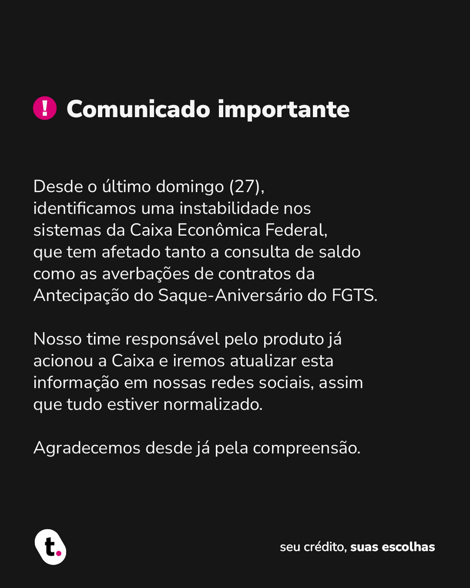 meutudoapp's tweet photo. 🚨 Atenção!
Uma instabilidade identificada desde o último domingo (27), nos sistemas da Caixa Econômica Federal, tem afetado a consulta de saldo e averbações de contratos da Antecipação Saque-Aniversário do FGTS 📰
#meutudo #FGTS #instabilidade #Caixa #comunicado https://t.co/zLgvXqQrsp
