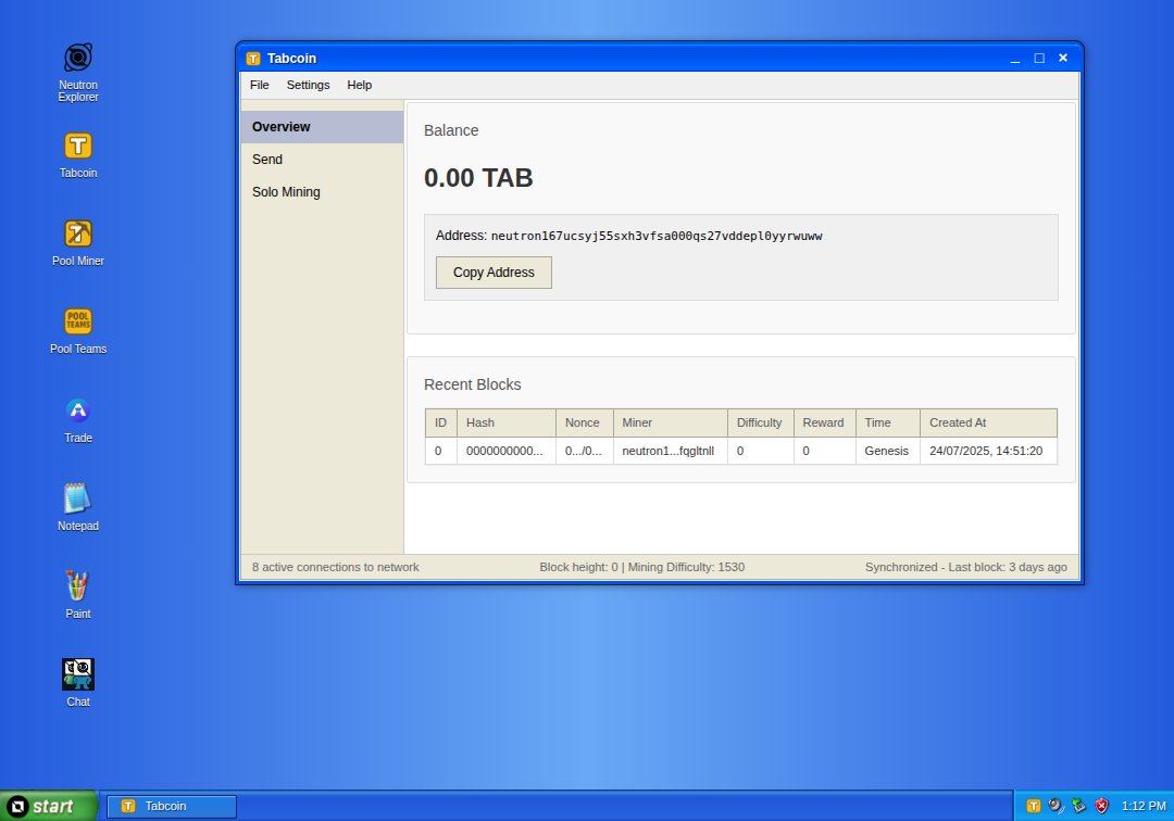 Deploydon's tweet image. Double launch today.
Introducing TabCo.in and Neutron.Name.
Did you miss $BTC mining in 2009? Well, boot up NeutronOS and launch TabCoin to begin mining $TAB.
Simulating a classic Windows XP UI, TabCoin is a Proof of Work fair launch coin on…
