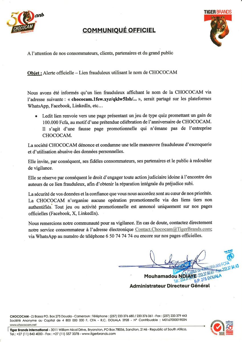 🚨 Alerte officielle 🚨

Un lien frauduleux circule en usurpant le nom de CHOCOCAM.

⚠️ Ne cliquez pas. Ne partagez pas.
✅ Fiez-vous uniquement à nos canaux officiels.

En cas de doute, contactez-nous.

#CHOCOCAM #AlerteFraude #StopArnaques