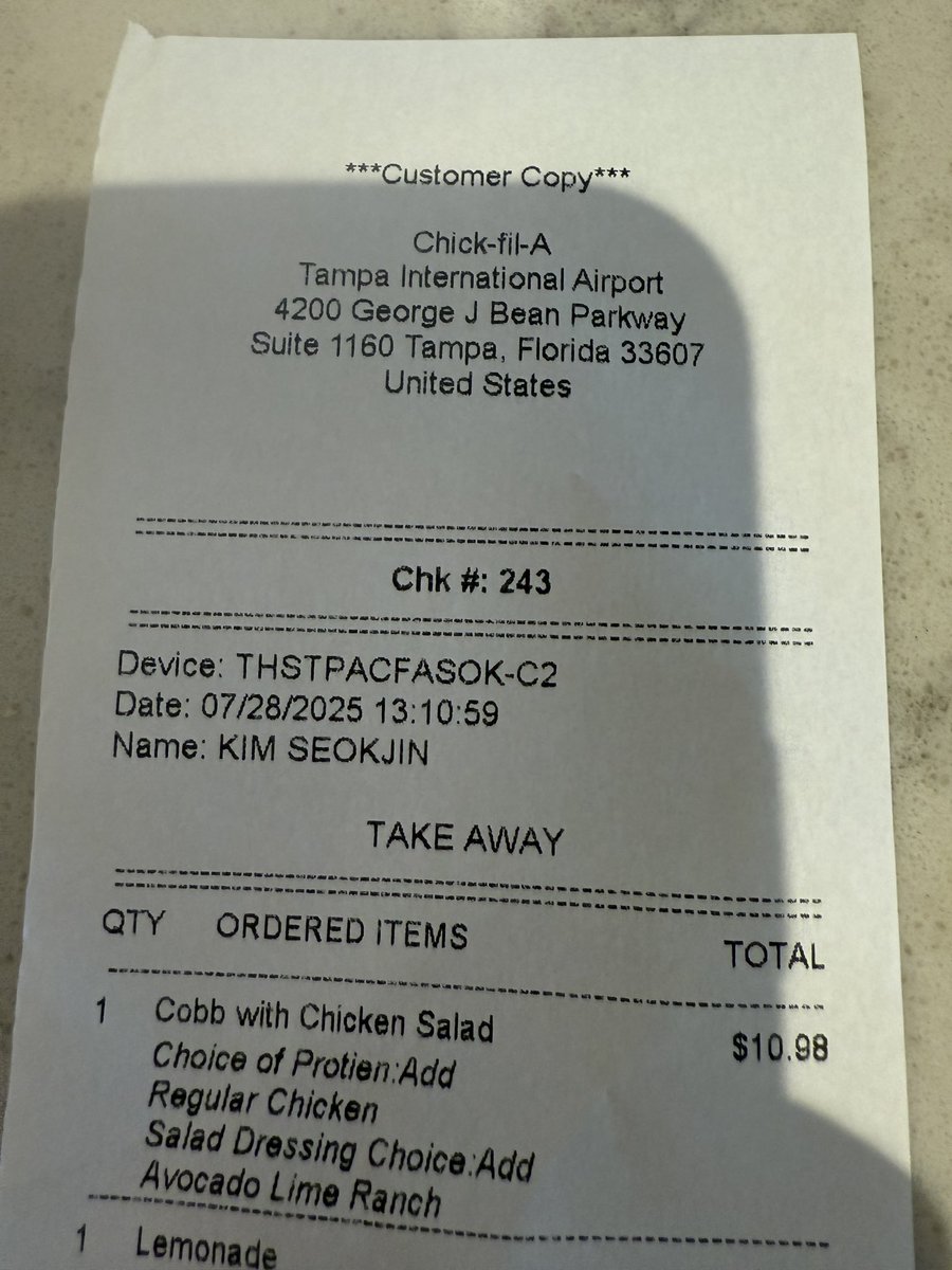 smeraldofiore7's tweet image. If you hear the Chick-Fil-Employee call an order “Kim Seokjin,” it is always (always) me.