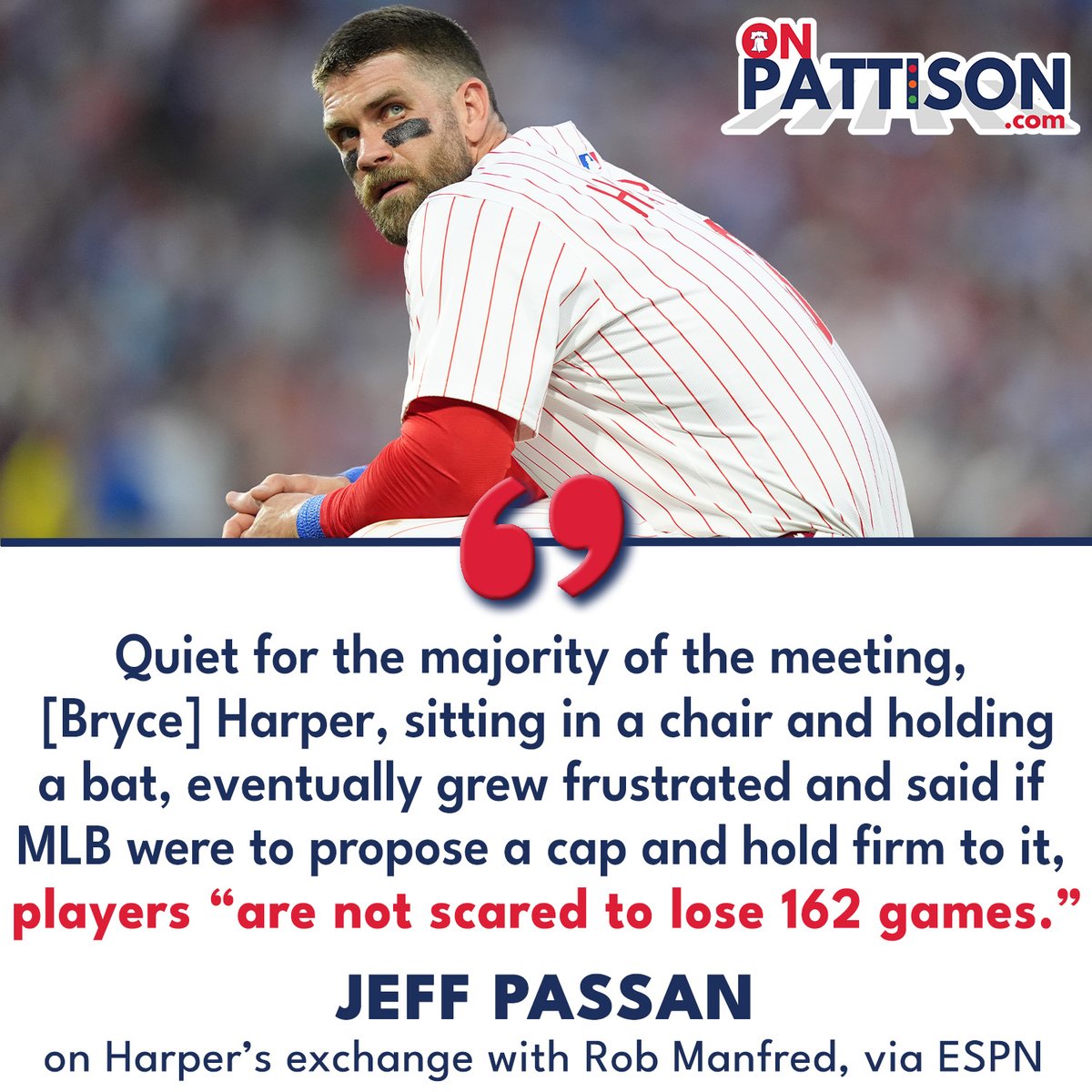 On Pattison (@onpattison) on Twitter photo Bryce Harper made a bold statement in his reported heated exchange with MLB commissioner Rob Manfred, according to ESPN's <a href="/JeffPassan/">Jeff Passan</a>: Bryce Harper made a bold statement in his reported heated exchange with MLB commissioner Rob Manfred, according to ESPN's <a href="/JeffPassan/">Jeff Passan</a>: