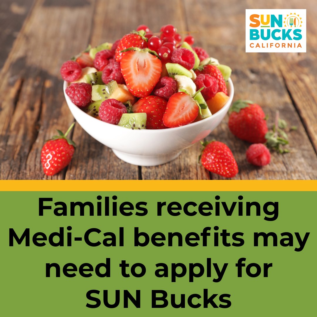 CaliforniaDSS's tweet image. Does your family receive Medi-Cal benefits? Some families may need to apply for SUN Bucks. Apply by turning in a school meal or Universal Benefits application at your child’s school. Learn more: cdss.ca.gov/sun-bucks/who-…
