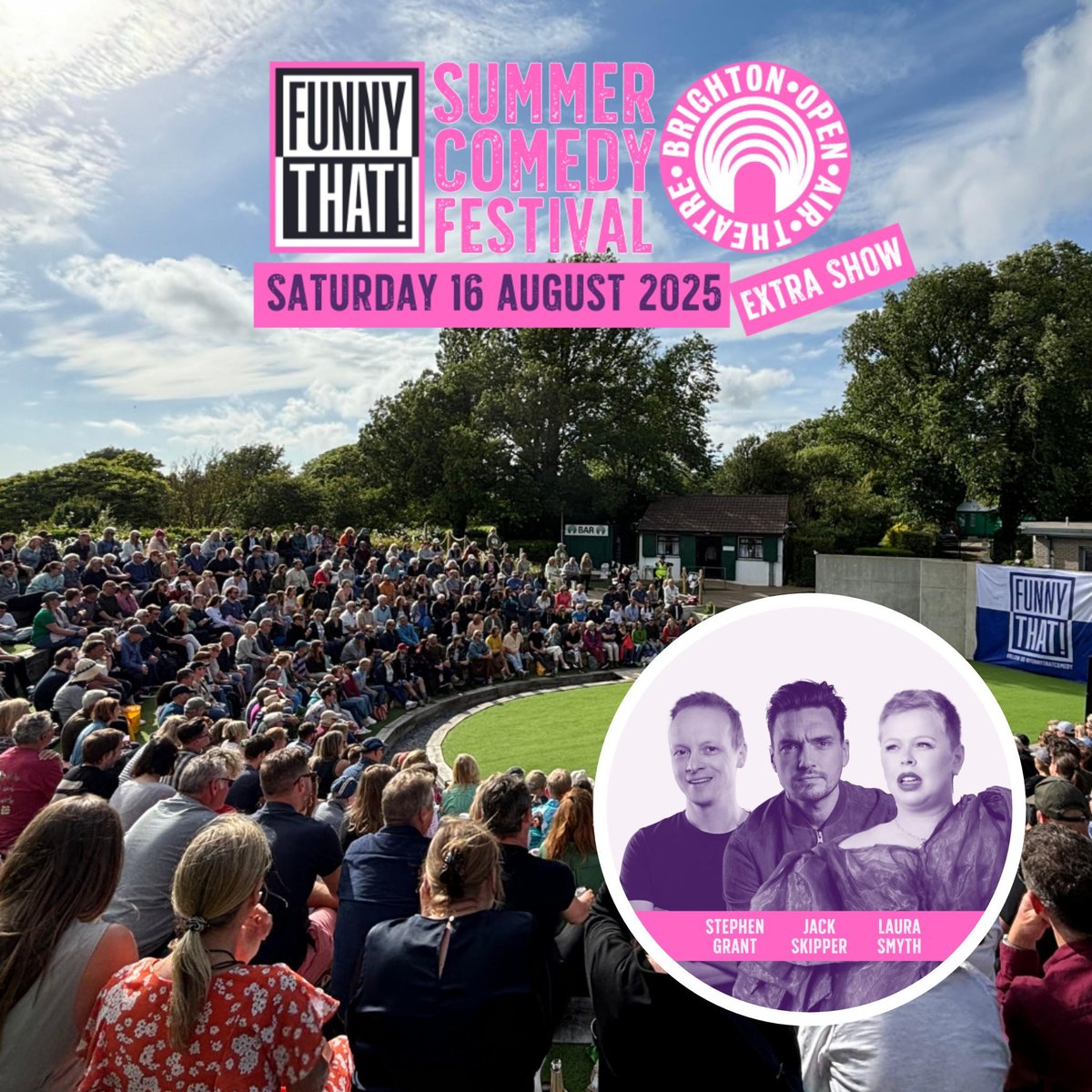 🌞Summer Comedy Festival Extra Show! 🌞
Laura Smyth, Jack Skipper &amp; MC Stephen Grant

SUN: FUN: WINE GUMS (optional)
((It's BYO-anything!))

Come &amp; help us put the FUN back into summer!

Saturday 16th August 7:30pm

brightonopenairtheatre.co.uk/event/summer-c…

#LauraSmyth #JackSkipper #StephenGrant
