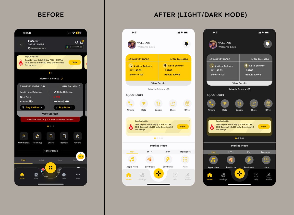 Dark mode only? Why not both…

I redesigned the MyMTN app with both Light Mode (for day) and Dark Mode (for night) plus a streamlined homepage so checking balances &amp; recharging is effortless.
Which would you choose? 🌞 or 🌙
(Swipe to see both)

#uiux <a href="/MTNNG/">MTN Nigeria</a> <a href="/MTN180/">MTN Nigeria Support</a>