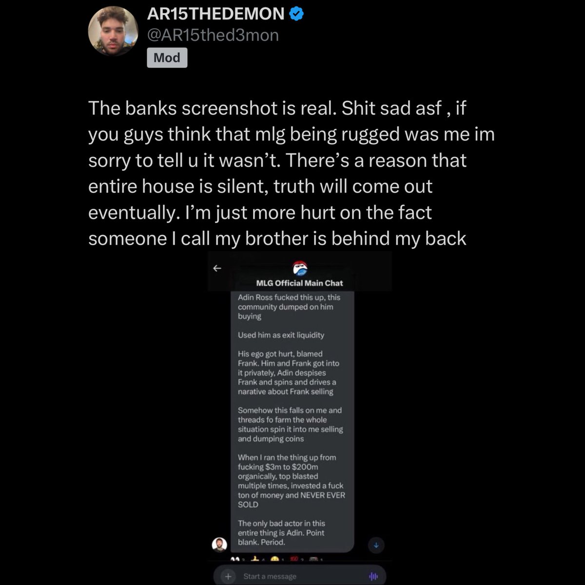 scubaryan_'s tweet image. Adin Ross responds to the screenshot of FaZe Banks calling his group’s meme coin “MLG” a failure because of him 😳
“if you guys think that MLG being rugged was me I’m sorry to tell u it wasn’t… truth will come out out…”