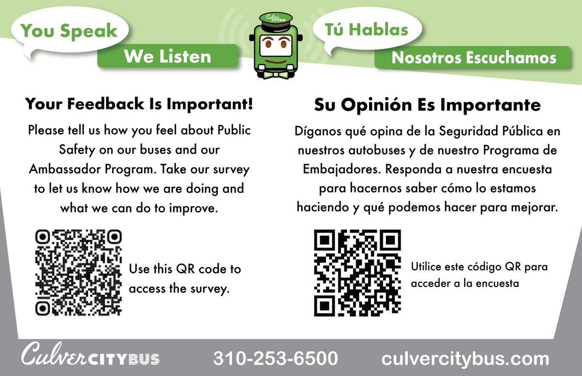 CulverCityBus's tweet image. Does this survey look familiar? We are evaluating our Ambassador program on a quarterly basis, so if you took it a few months ago, please take the survey again!
👉Click the link to take the survey now!
🔗English: us.openforms.com/Form/95a64503-…
🔗Español: us.openforms.com/Form/6c2b67dd-…