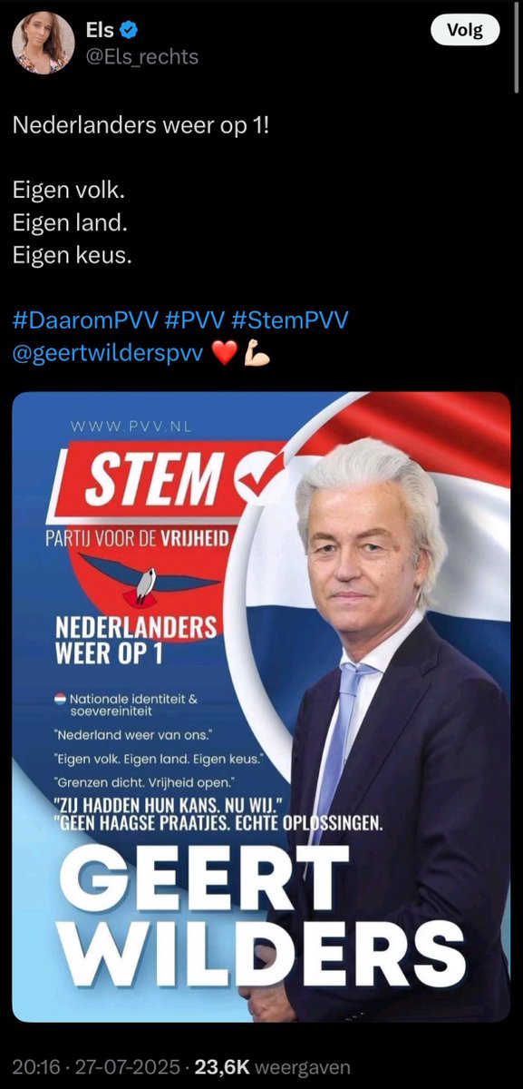 marcspeelman's tweet image. Rechtse Els gaat vol Goebbels met haar propaganda. Eén volk, één rijk, één leider: Geert Wilders!
Als je voor de extreemrechtse demonstratie in september een oranje-wit-blauwe nazi-vlag zoekt, kan je die bij de nazi’s van de NVU vinden. Ze hebben ook andere leuke nazi-merch.