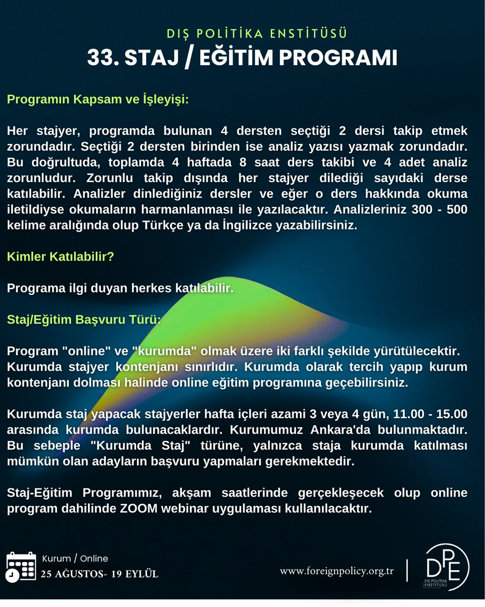 Dış Politika Enstitüsü/Foreign Policy Institute (@foreignpolicyi1) on Twitter photo 🎓 33. Staj/Eğitim Programı başvuruları başladı!
📆 Son başvuru: 23 Ağustos
💻 Online veya 📍Ankara'da yüz yüze
📚 Güvenlik, AB, Kamu Diplomasisi, Transatlantik İlişkiler
🔗 Başvuru⤵️
docs.google.com/forms/d/e/1FAI…
<a href="/TarikOguzlu/">Tarık Oğuzlu</a>
<a href="/Haluk_Karad/">Haluk Karadag</a>
<a href="/sinem_unaldilar/">Sinem Ünaldılar</a>
<a href="/kaliko7466/">Çiğdem Nas</a> 🎓 33. Staj/Eğitim Programı başvuruları başladı!
📆 Son başvuru: 23 Ağustos
💻 Online veya 📍Ankara'da yüz yüze
📚 Güvenlik, AB, Kamu Diplomasisi, Transatlantik İlişkiler
🔗 Başvuru⤵️
docs.google.com/forms/d/e/1FAI…
<a href="/TarikOguzlu/">Tarık Oğuzlu</a>
<a href="/Haluk_Karad/">Haluk Karadag</a>
<a href="/sinem_unaldilar/">Sinem Ünaldılar</a>
<a href="/kaliko7466/">Çiğdem Nas</a>