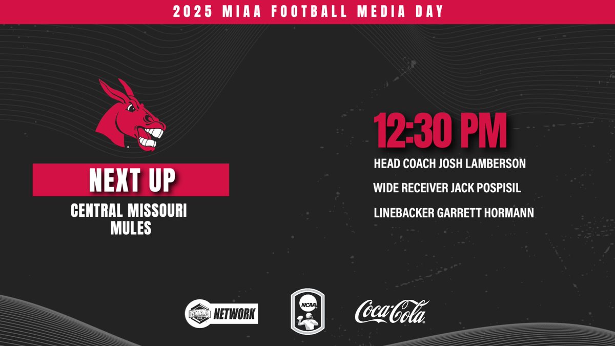 TheMIAA's tweet image. 𝐍𝐄𝐗𝐓 𝐔𝐏: The Mules are ready to take the stage at the 2025 MIAA Football Media Day 🎙️

Head Coach Jost Lamberson and student-athletes Jack Pospisil and Garrett Hormann are in Emporia to represent the @UCMFootballTeam. 

Watch them live on TheMIAANetwork.com/MIAA!