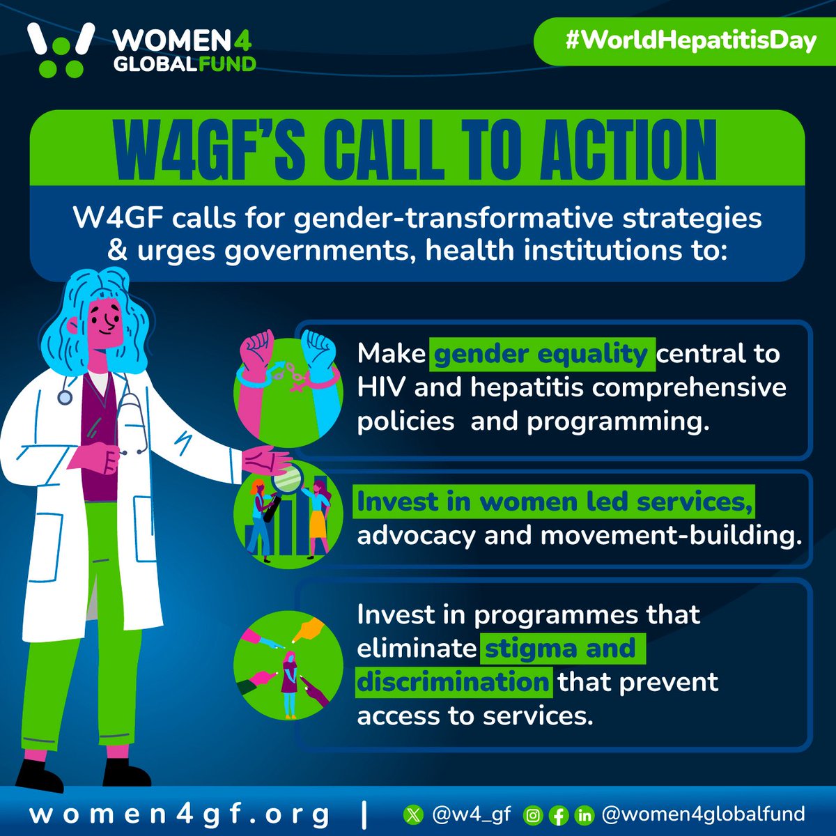 w4_gf's tweet image. 🟢 This #WorldHepatitisDay, W4GF is breaking down the gendered barriers to care.

Women &amp;amp; girls living with HIV, who use drugs, sex workers &amp;amp; trans women are still left behind in hepatitis responses.

We call for:
✅ Gender-transformative policies
✅ Women-led services
✅ An end…