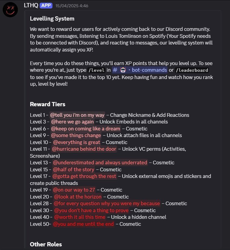 LouisWTNation's tweet image. Take a look at LTHQ leveling system on Louis’s discord each level is a song Lyric. Which song lyrics are new on this list and could they be part of LT3? Please mention which lyric is from which song so we can figure out the new ones.