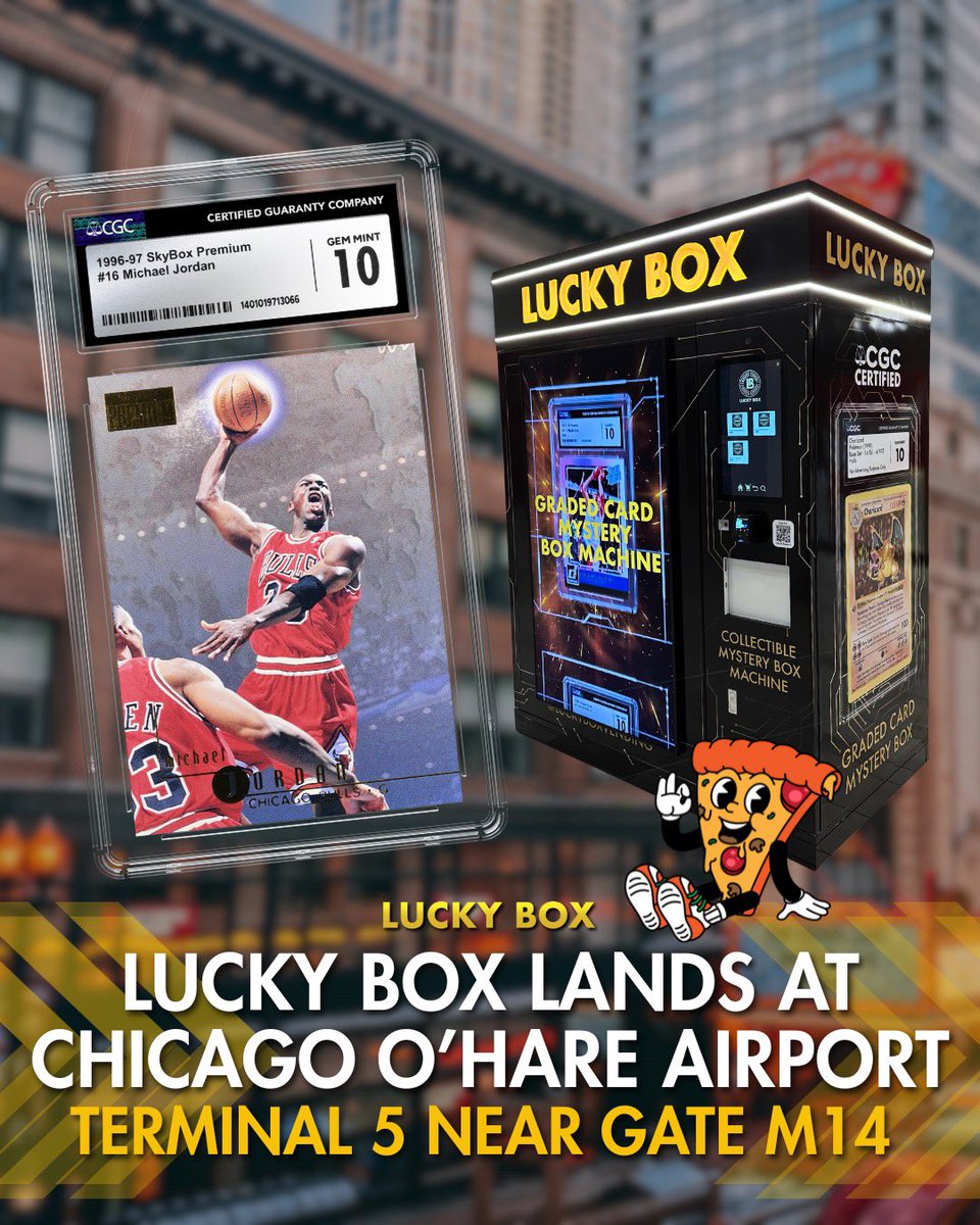 LuckyBoxVending's tweet image. Lucky Box has LANDED at @fly2ohare Chicago O’Hare Airport just in time for @nsccshow ! 
📍 @CGCCards Certified Graded Sports Cards &amp;amp; Pokemon slabs!
📍 Custom Autographed Jerseys by Authentic Fans
📍 Terminal 5 Near Gate M14

#luckybox #cgc #cgccards #thenational