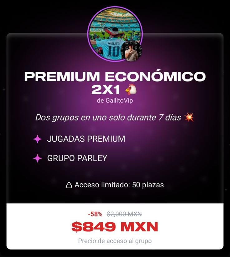 GallitoVip's tweet image. PREMIUM + GRUPO PARLEY POR 7 DIAS 🔥
2 GRUPOS EN 1 😈
SOLO 50 LUGARES 👇
tinyurl.com/2x1premium
🗣️ INICIAMOS HOY