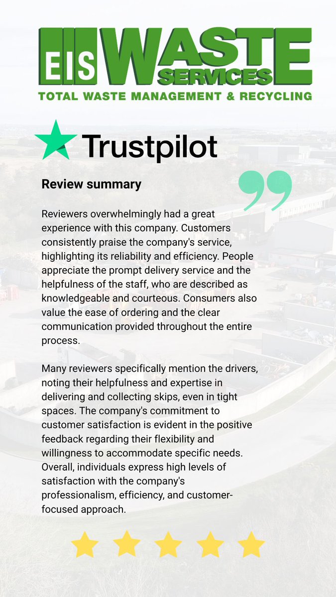 ⭐️♻️ We’re absolutely delighted to share our latest Trustpilot review summary! ⭐️♻️

This fantastic feedback is a direct reflection of the brilliant work carried out by our office, transport and operations teams here at EIS Waste Services Ltd. Your hard work, professionalism and