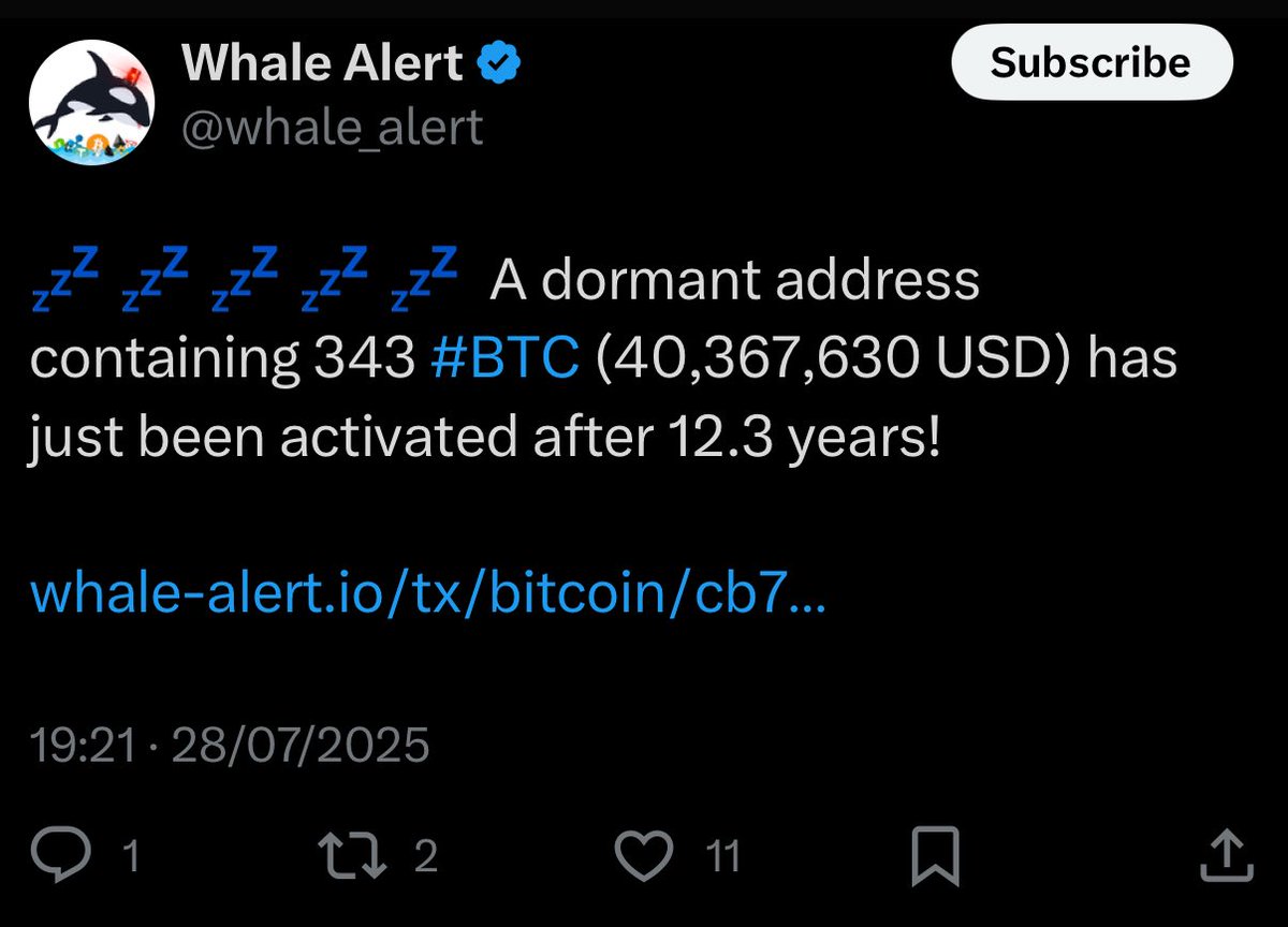 💥BREAKING: DORMANT BITCOIN WALLET WITH 343 $BTC ($40.3M) JUST ACTIVATED  AFTER 12.3 YEARS!