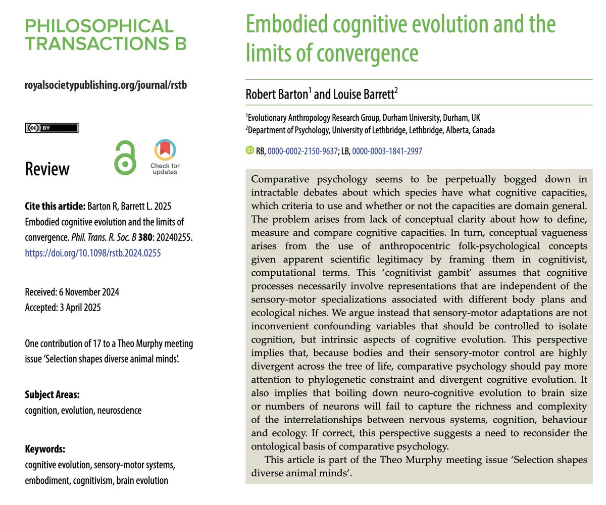 Muy top y totalmente de acuerdo!👌

Louise Barrett y Robert Barton cuestionan los supuestos fundamentales de la psicología comparada sobre la evolución cognitiva, especialmente la noción de que los procesos cognitivos pueden analizarse como capacidades representacionales