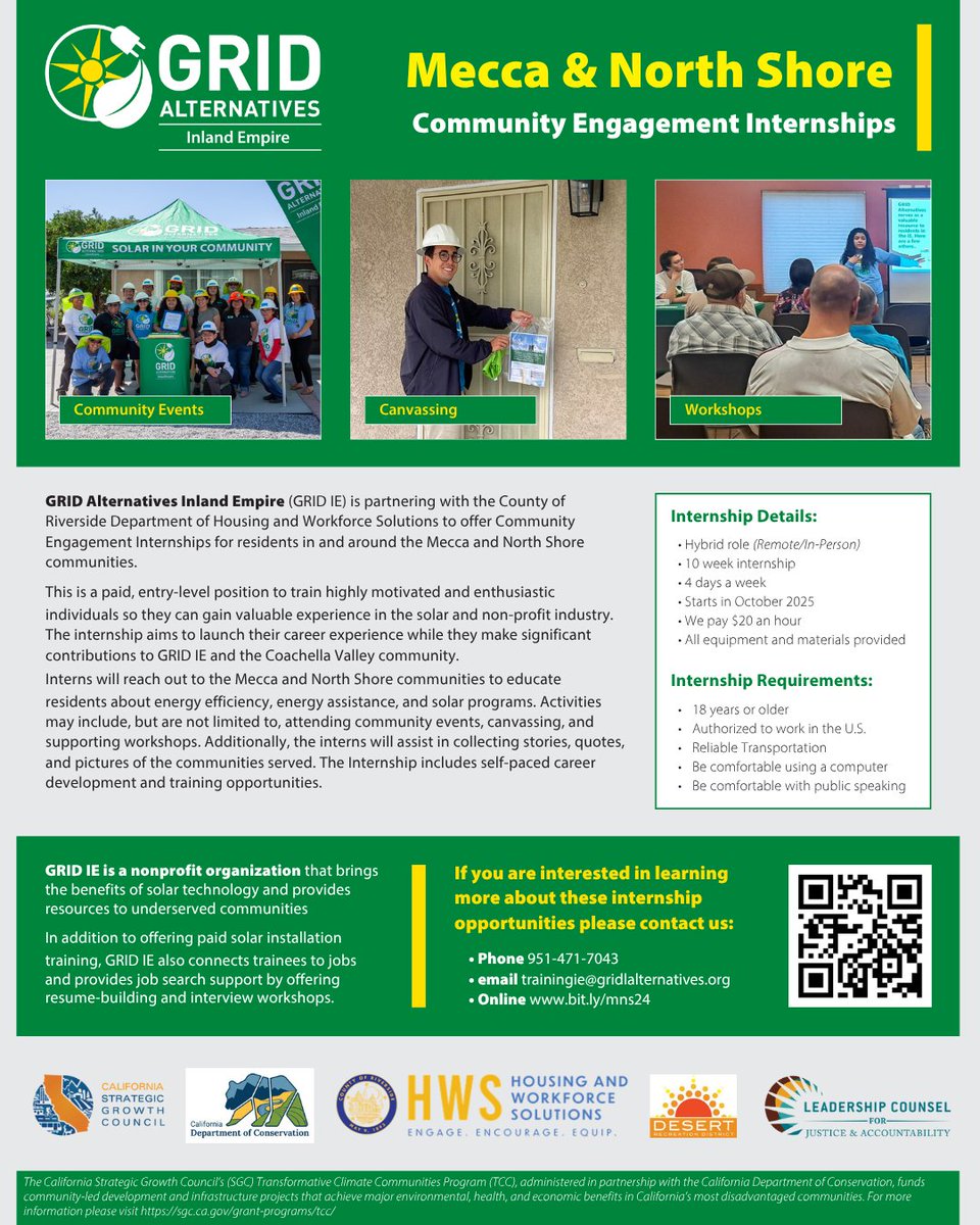 We're looking for Community Engagement Interns in and around the Mecca and North Shore communities!

✅ 10 weeks, 4 days/week
✅ Hybrid role
✅ $20/hour

Learn more and apply:
🟡 951-471-7043
🟡Trainingie@gridlalternatives.org
🟡 Online bit.ly/mns24