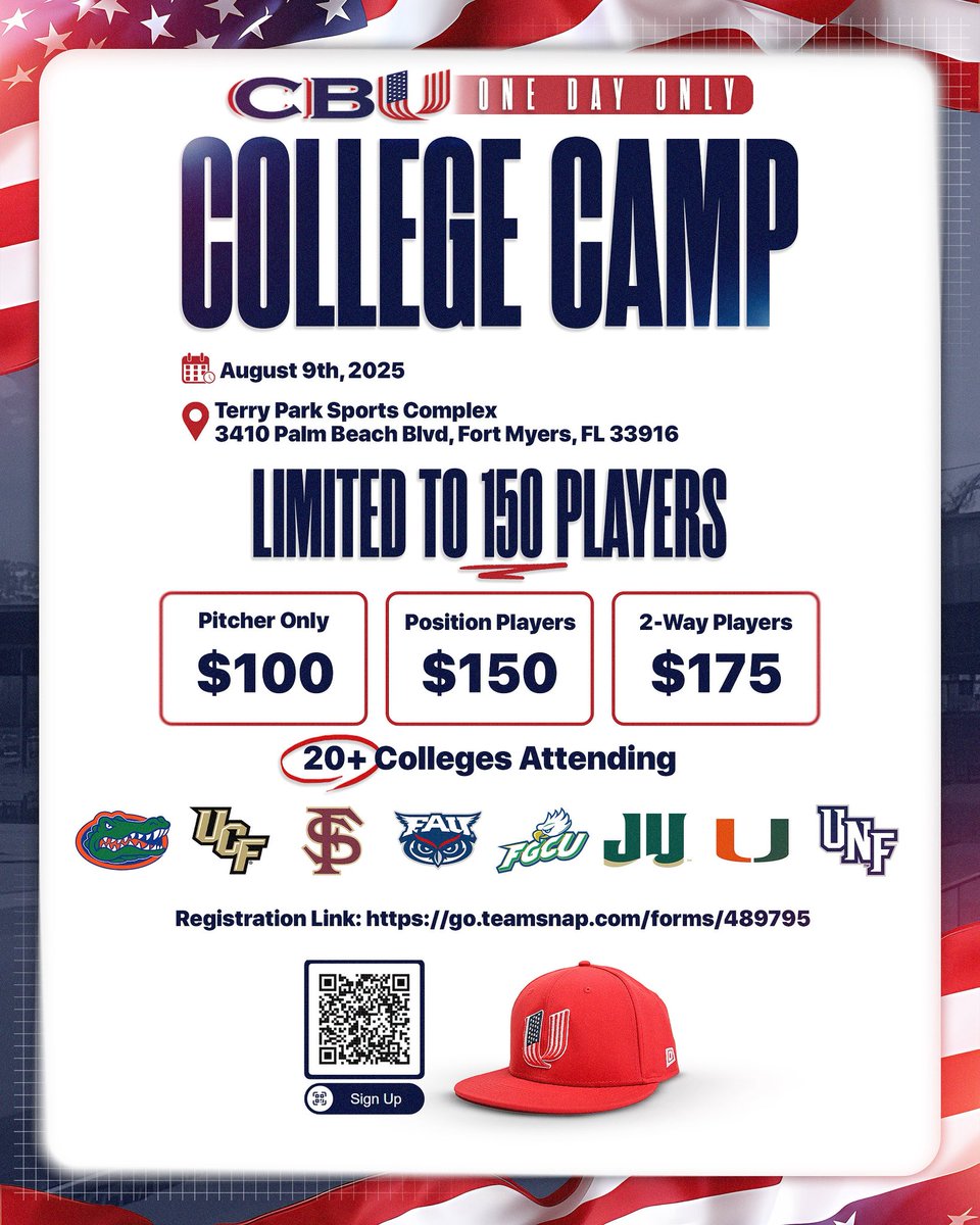 🇺🇸CBU🇺🇸 (@cbu_fl) on Twitter photo ⚾️2025 COLLEGE CAMP ⚾️
📣: REGISTRATION FOR OUR ANNUAL 1-day CBU college camp in Ft Myers, August 9th is NOW OPEN TO THE PUBLIC 📣
We currently have 13 spots available. There is a strict cap of 150 players at this event and it sells out annually. PLEASE NOTE THIS IS DOES NOT ⚾️2025 COLLEGE CAMP ⚾️
📣: REGISTRATION FOR OUR ANNUAL 1-day CBU college camp in Ft Myers, August 9th is NOW OPEN TO THE PUBLIC 📣
We currently have 13 spots available. There is a strict cap of 150 players at this event and it sells out annually. PLEASE NOTE THIS IS DOES NOT