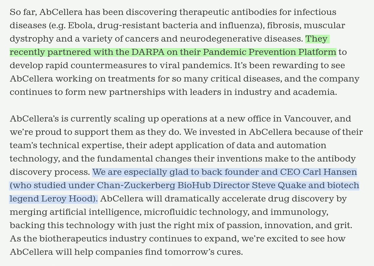 January 8, 2019...

'AbCellera uses a high-capacity screening system to rapidly screen millions of antibody-producing cells from any animal, including humans. The cells are loaded into a microflu­idic device — a minia­tur­ized lab-on-a-chip the size of a credit card — with