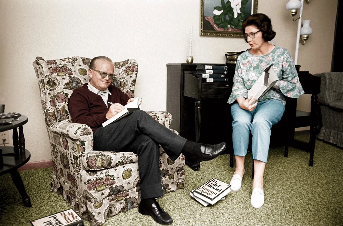 DADiClementi's tweet image. Truman Capote signs, In Cold Blood as Nelle Harper Lee watches, 1966. They look like they’re waiting for the kids to come home from summer camp.