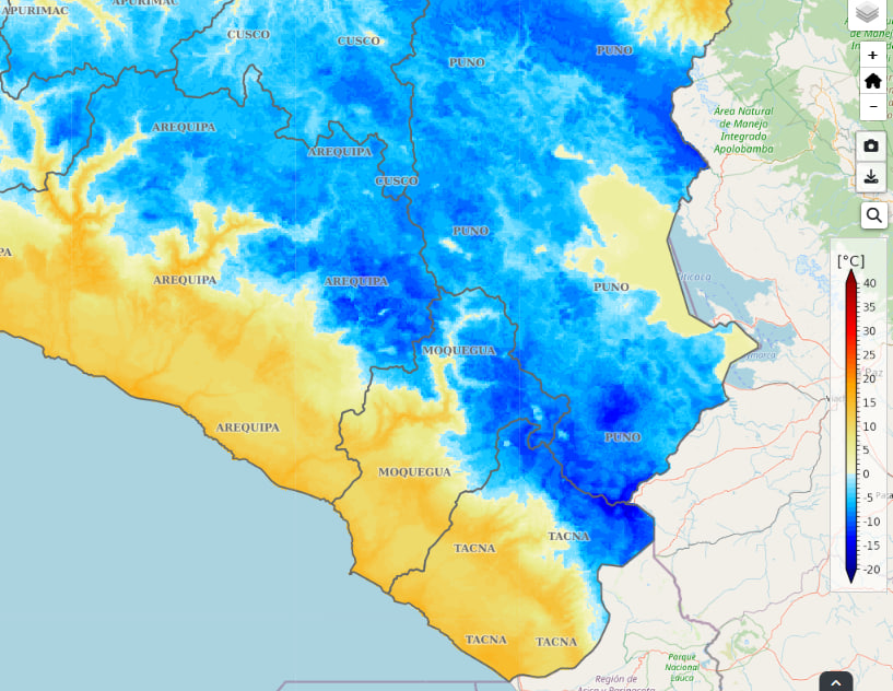 #ElDato #Senamhi #MINAM Sierra sur reportó las heladas meteorológicas más intensas. Estaciones registraron temperaturas mínimas de -15.9 °C (Chuapalca, Tacna), -13.6 °C (Mazo Cruz, Puno) y -12.1 °C (Patahuasi, Arequipa). senamhi.gob.pe/?&p=monitoreo-…