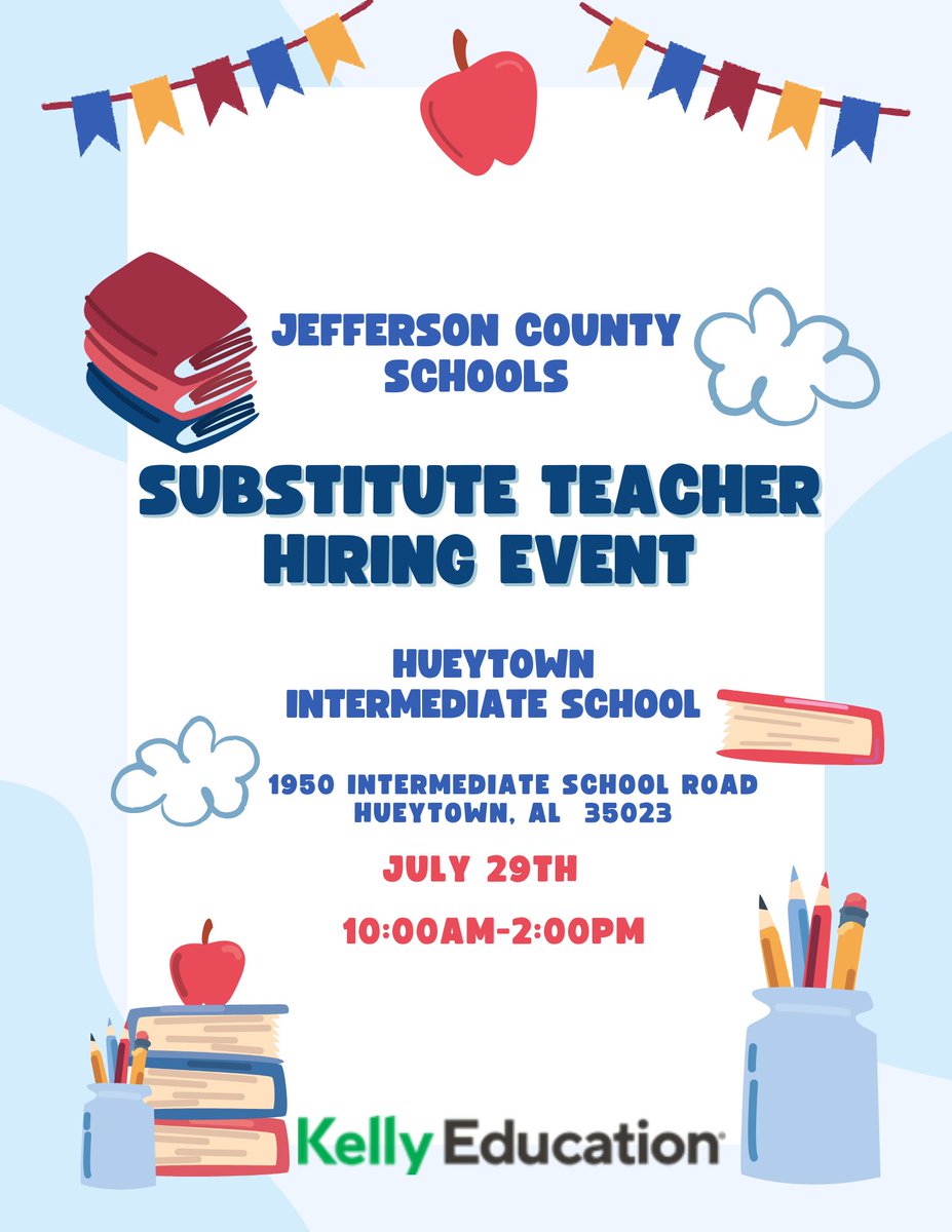 JEFCOED's tweet image. Join Us Tomorrow | Substitute Teacher Hiring Event📚🏫
We hope to see you tomorrow, as Kelly Education hosts a #substitute teacher hiring event for Jefferson County Schools!
🗓️Tuesday, July 29th, 2025
⏰10:00 a.m. - 2:00 p.m.
📍Hueytown Intermediate School
See you soon!