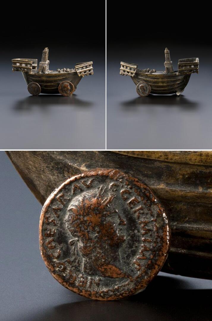 HistorylandHQ's tweet image. A16th-century CE incense storage container in the shape of a ship. Coins of the Roman Emperor Nero, minted between 64 and 68 CE, have been attached as wheels. Now housed at the Landesmuseum Württemberg in Germany [1605x2429]