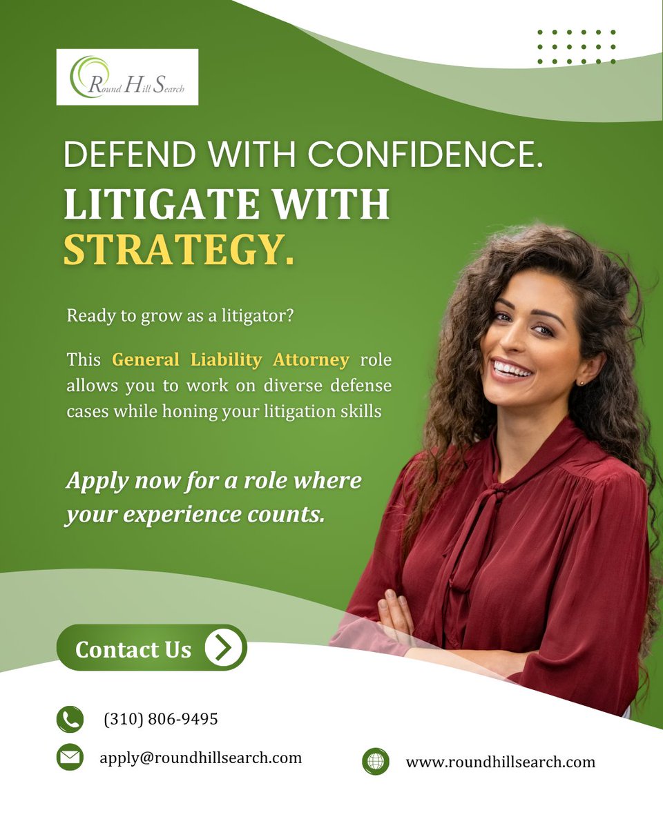 RoundHillSearch's tweet image. 💼  An established LA firm is hiring a General Liability Litigation Attorney! Handle a wide range of matters—from personal injury to insurance defense.🏆✨ tinyurl.com/3pevjjkm
.
.
.
#LitigationAttorney #GeneralLiabilityLaw #RoundHillSearch #AttorneyJobs #LosAngelesLegal