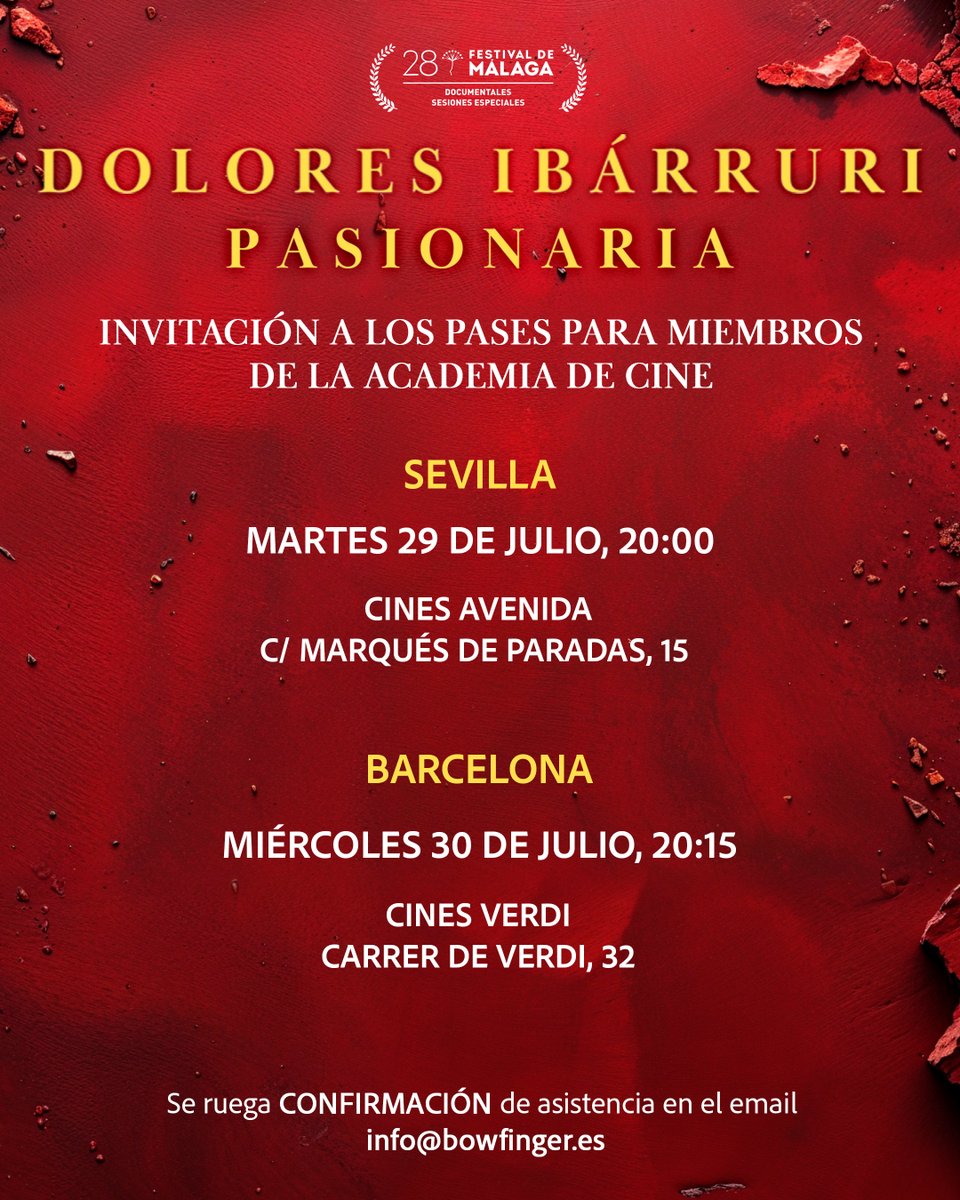 Bowfinger Int.Pictures (@bowfingerfilms) on Twitter photo ✉️ Os recordamos las invitaciones a los pases de Dolores Ibárruri: Pasionaria para los miembros de la Academia de Cine:
HOY en 📍SEVILLA, CINES AVENIDA, C/MARQUÉS DE PARADAS, 15 a las 20:00
MAÑANA en 📍BARCELONA, CINES VERDI, CARRER DE VERDI, 32 a las 20:15
<a href="/CaracterFilms/">Carácter Films</a> ✉️ Os recordamos las invitaciones a los pases de Dolores Ibárruri: Pasionaria para los miembros de la Academia de Cine:
HOY en 📍SEVILLA, CINES AVENIDA, C/MARQUÉS DE PARADAS, 15 a las 20:00
MAÑANA en 📍BARCELONA, CINES VERDI, CARRER DE VERDI, 32 a las 20:15
<a href="/CaracterFilms/">Carácter Films</a>