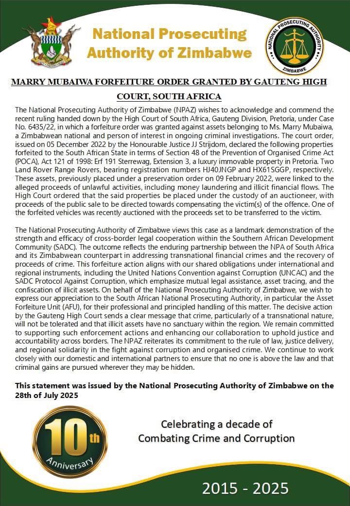 This will soon apply to all the Zviganandas who have used SA as a safe heaven to buy properties. It’s being said here these properties were proceeds of crime and if she can go down for that what about those who use hotel suits as addresses for their companies?