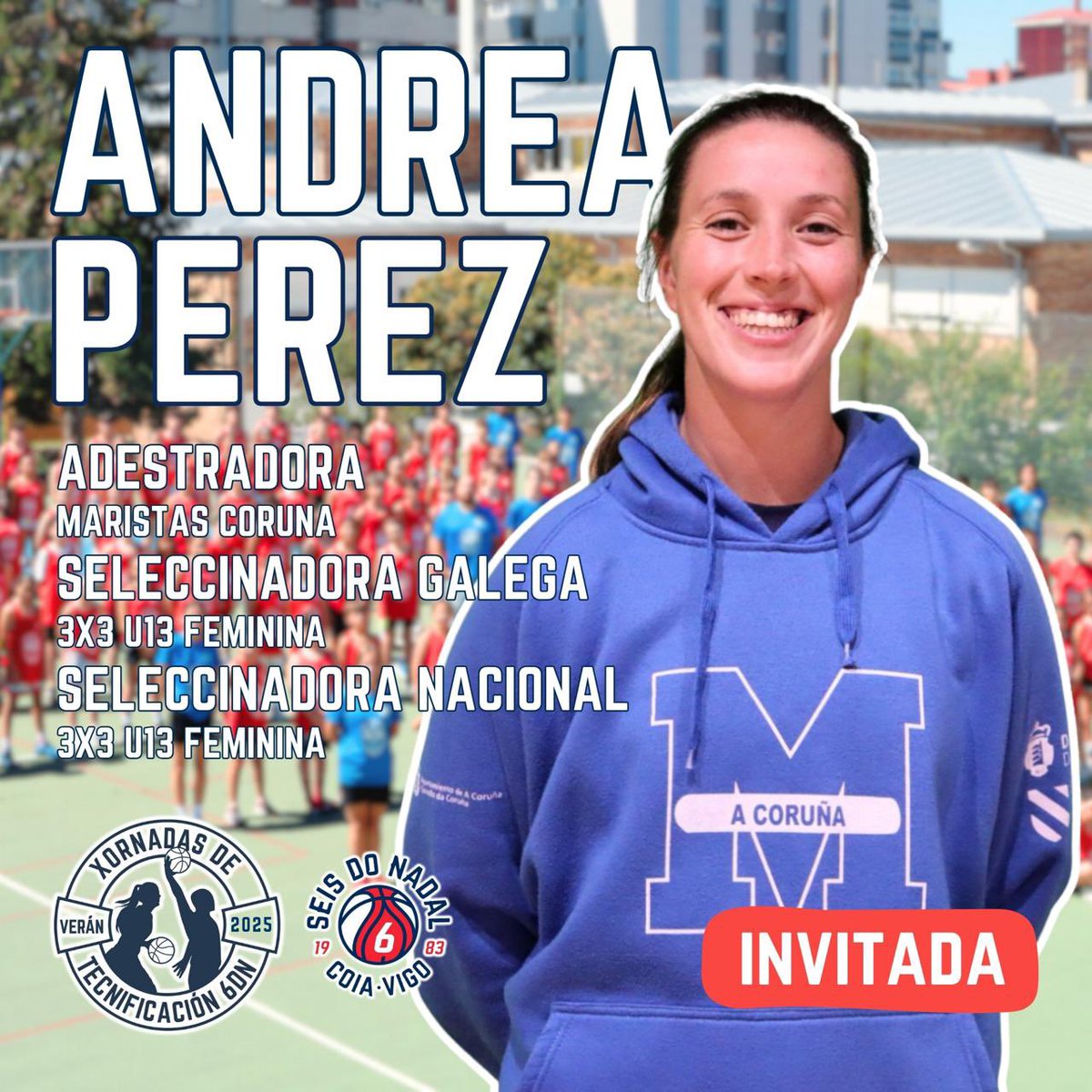 🏀 Andrea Pérez, adestradora do <a href="/MaristasCoruna/">Club Maristas Coruña</a> e seleccionadora 3x3 galega e nacional da categoría U13 feminina, visitará aos inscrit@s das Xornadas de Tecnificación de Verán do <a href="/CBSeisNadalCoia/">Seis do Nadal - Coia</a>.

🫱🏻‍🫲🏼 MOITAS GRAZAS por compartir a túa experiencia nas nosas xornadas. Vémonos! 👋🏻
