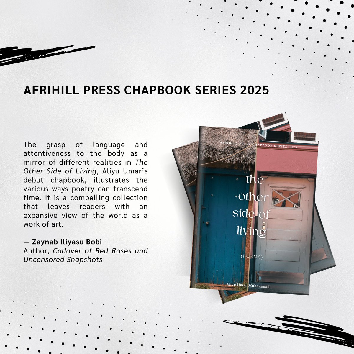 Afrihill Press (@afrihillpress) on Twitter photo Zaynab Iliyasu Bobi, author of Cadaver of Red Roses and Uncensored Snapshots has this to say about <a href="/AUmarMuhammad21/">Aliyu Umar Muhammad</a> Aliyu Umar's upcoming poetry chapbook 'The Other Side of Living':
August 1, 2025 is around the corner!🤭❤️ Zaynab Iliyasu Bobi, author of Cadaver of Red Roses and Uncensored Snapshots has this to say about <a href="/AUmarMuhammad21/">Aliyu Umar Muhammad</a> Aliyu Umar's upcoming poetry chapbook 'The Other Side of Living':
August 1, 2025 is around the corner!🤭❤️