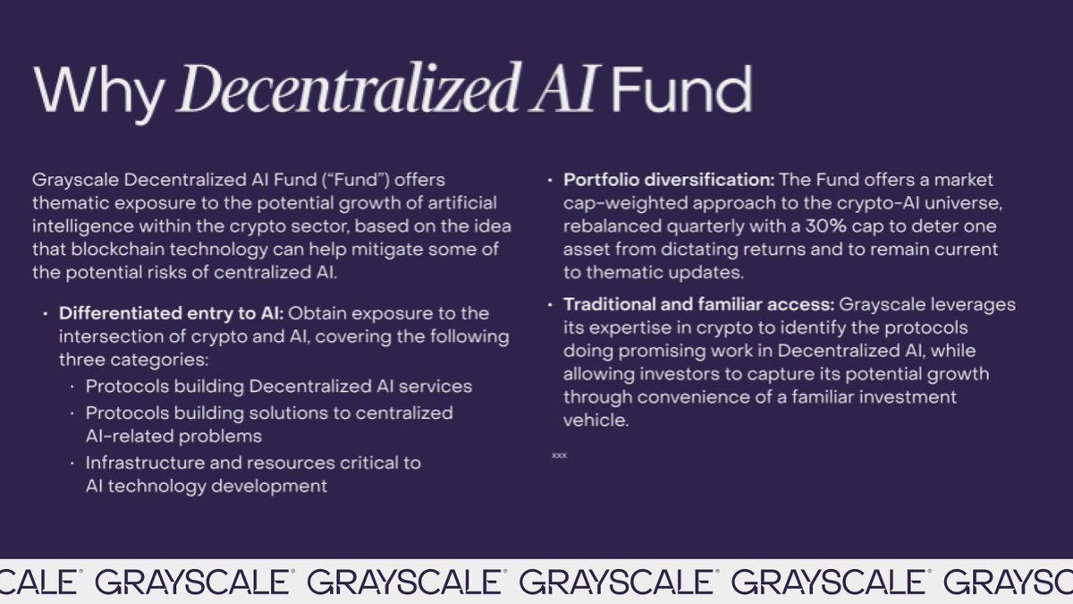 Grayscale Decentralized AI Fund is now open to eligible accredited  investors. Get diversified exposure to the intersection of #AI and #crypto  with fund holdings: $TAO $NEAR $RENDER $FIL $GRT. Holdings are subject